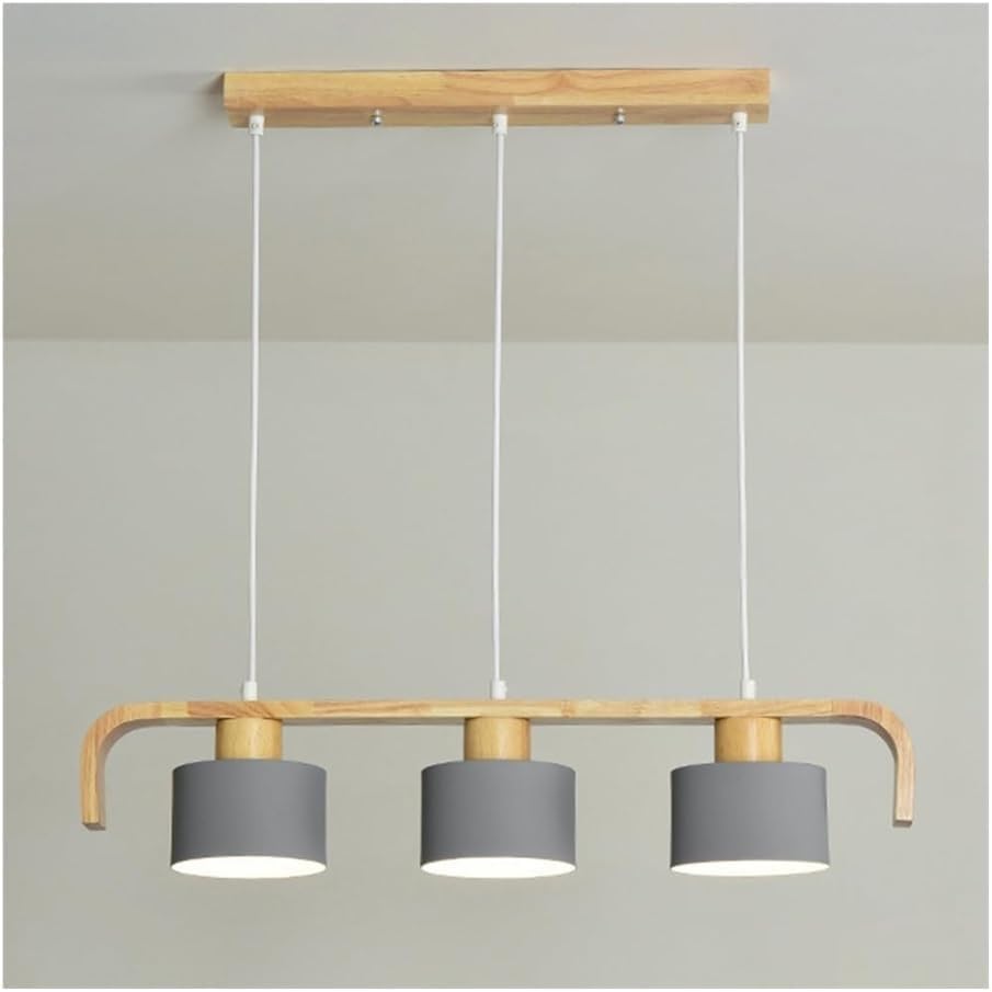 Nordic Wood Craft Pendent Lamp，E27 3-Color Dimming Modern Adjustable 3-Light Linear Pendant Light, for Kitchen Island, Dining Room, Cafe Lighting Fixture(Green)