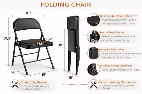 Image of MLU Set of 2 Folding Chairs with Padded Seat & Backrest, Heavy-Duty Steel Frame, Portable & Compact Foldable Chairs, Waterproof Vinyl Cushion, No Assembly Required, Black