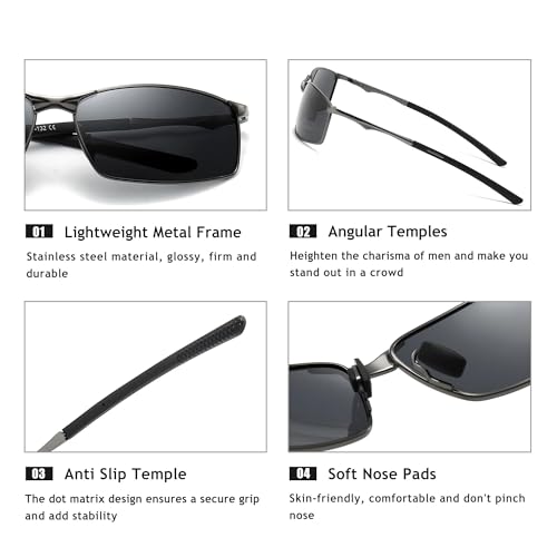 Image of SUNGAIT Ultra-Lightweight Polarized Sunglasses Men for Driving Fishing Golf, Rectangular Metal Frame with Spring Hinge
