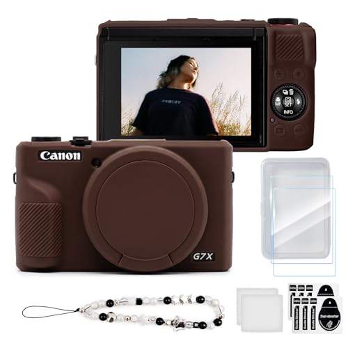 TYUANDOUER Case & Screen Protector Kit for Canon PowerShot G7X Mark III Soft Silicone Protective Case Anti-Scratch Grip Cover with Bracelet-Style Wrist Strap & Lens Cover Lightweight - Brown