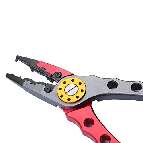 Entsport Saltwater Fishing Pliers with Aluminum Handles and Stainless Steel Jaws Multi Function Fishing Pliers with Sheath Lanyard Braided Fishing Line Cutters Fish Hook Removal Tool (Red&Silver)