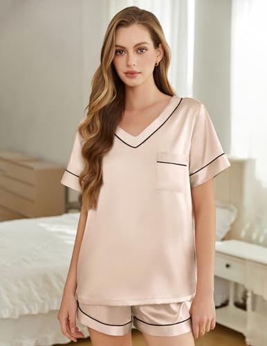 Image of Silk Pajamas for Women Short Sleeve Satin 2 Piece Pj Set Soft V Neck Sleepwear Loungewear, S-XXL
