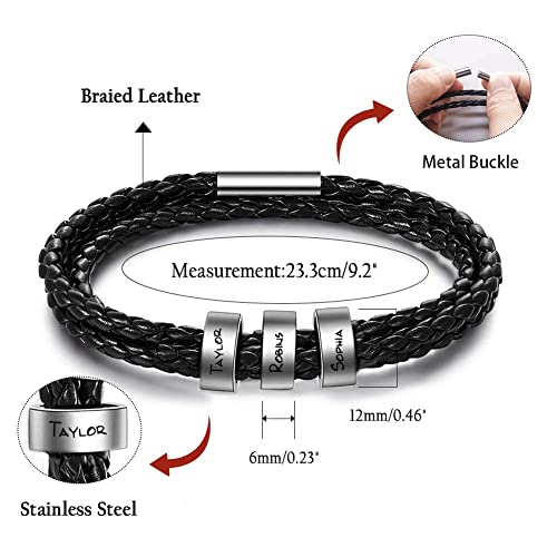 Tinyname Custom Mens Bracelet With 2-7 Engraved Beads Personalized Black Braided Leather Bracelets For Men Customized Gifts For Dad/Father/Boyfriend #TOP6