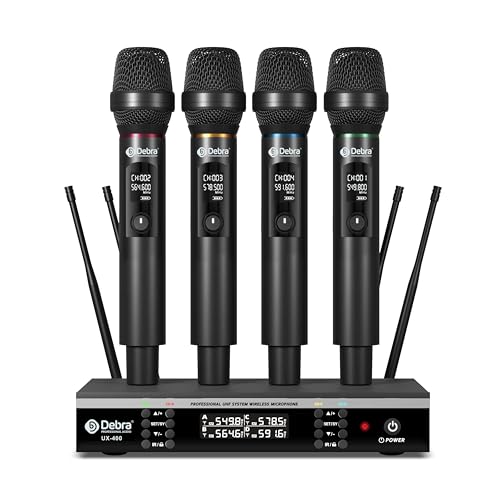 Debra UX-400 UHF Wireless Microphone System, Lightweight All - Metal Receiver, 4 Channel Rechargeable Mics with Auto Frequency Scan, 80m Range for Karaoke, Stage, Live Stream