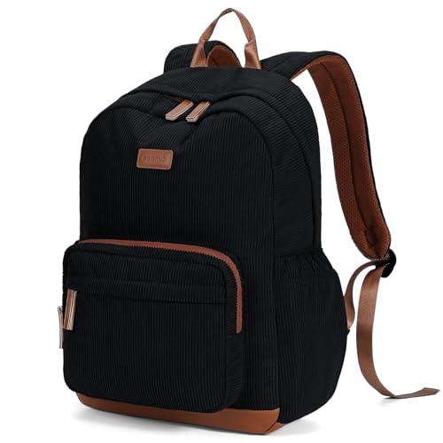 ECOHUB 15.6 Inch Corduroy Laptop Backpack, Professional Work Bag with 30oz Tumbler Side Pockets, Aesthetic Vintage College Bookbag, Travel Carry On Backpack for Men & Women, Black