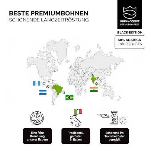 KING’S COFFEE - BLACK EDITION - 1kg Kaffeebohnen Crema Intense - säurearmer Kaffee - kleine Chargen-Röstung aus Italien - kräftige Arabica Espresso Bohnen (Blend) für Vollautomaten & Siebträger