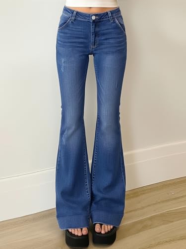 EMMIOL Women Flare Jeans Mid Waisted Stretchy Bootcut Jeans Y2k 90s Denim Pants Bell Bottoms Dark Blue — view 2