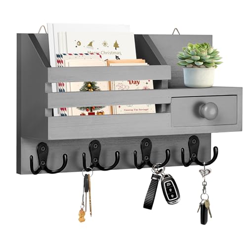 Image of Key Holder Wall Mount, Wooden Adhesive Mail and Key Organizer with Drawer, Small Shelf, 8 Hooks, 2 Installation Methods, Gray