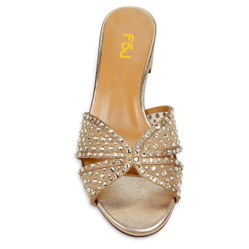 FSJ Women Low Block Heeled Mules Open Toe Rhinestone Slide Sandals Mesh Sparkling Crystal Comfortable Vacation Shoes Size 4-16 US4