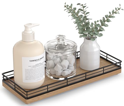 Bathroom Tray for Counter Top Organizer – Acacia Wood Vanity Tray with Metal Frame for Dresser, Kitchen, Nightstand – Black & Acacia Decorative Storage