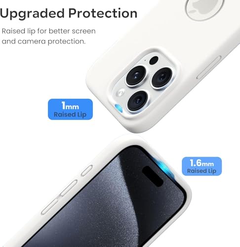 Image of VONZEE Microfiber Logo Cut Cover Compatible for iPhone 15 Pro Case Liquid Silicone Cases Non-Slip Full Body Protective Covers Shockproof Back Cover with High Raised Camera (6.1 inch, White)