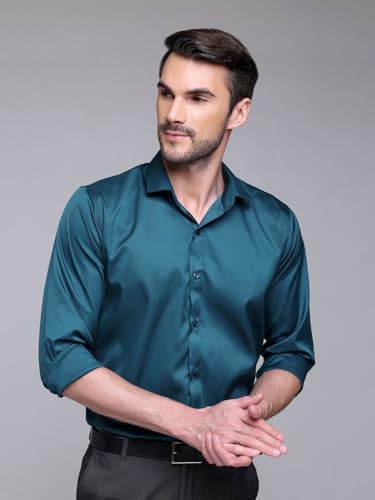 Image of IndoPrimo Men's Satin Shirt with Spread Collar Neck Line Solid Pattern Full Sleeves Regular Fit Western Style and Standard Length