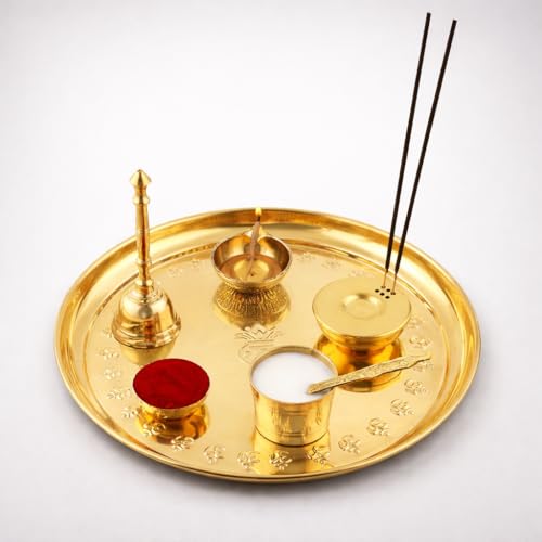 Image of Mkd2 Rise Pure Brass Pooja Thali Set I Puja Thali Set for Festival, Home, Temple, Mandir, Diwali Gift (10 Inches, Set of 7 Pieces)