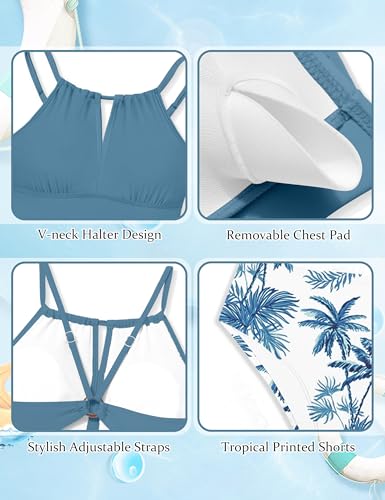 Image of Girls Swimsuit Halterneck 2 Piece Girl Swimsuit with Floral Print Shorts Ruched Girls Tankini Swimsuit 11-18 Years
