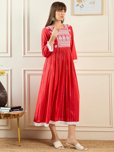 Image of INDO ERA Women's Red Viscose Rayon Embroidered Midi A-Line Ethnic Dress (SHTUR7147)