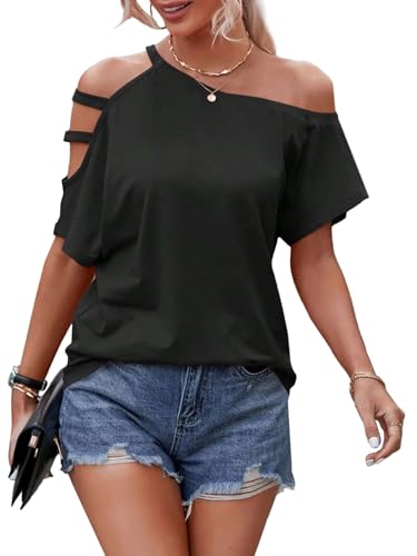 LilyCoco Women's Off The Shoulder Top Short Sleeve Cutout Asymmetrical Neck T Shirt4