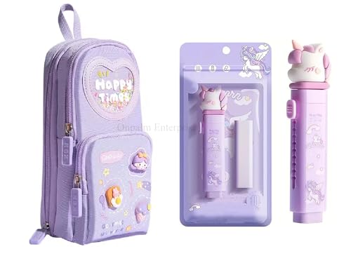 Image of Kawaii Purple Stationery Combo Set for Girls | Kawaii Pencil Case Pouch with Zipper & Push Pull Eraser with Refills | Back to School Supplies Gift for Kids (Purple)