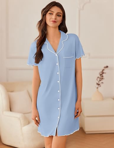 Image of Ekouaer Nightgowns for Women Button Down Sleep Shirt Short Sleeve Sleepwear