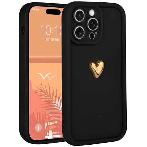 Coque iPhone 15 Pro Max pour femmes et filles au cœur doré en silicone noir