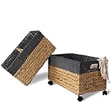 Made Terra Set 2 Wicker Storage Baskets on Wheels | Straw Wire Willow Woven Baskets for Kitchen,...