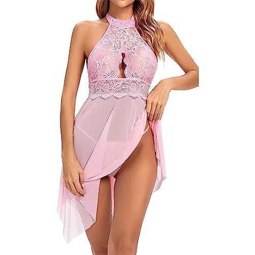 Image of Polyester Spandex & Lace Floral Lingerie for Women Lace Babydoll with G-String Sleepwear Chemise V Neck Mesh Sleepwear Sling Dress Beautifull Babydoll Lingerie Honeymoon