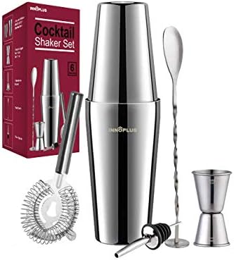 Cocktail Shaker, Martini Shaker, Drink Shaker, Cocktail Shaker Set 6 Piece, Boston Shaker, Bar Set, Cocktail Strainer, Bar tools, Bartender Kit, Stainless Steel Double Measuring Jigger, Mixing Spoon