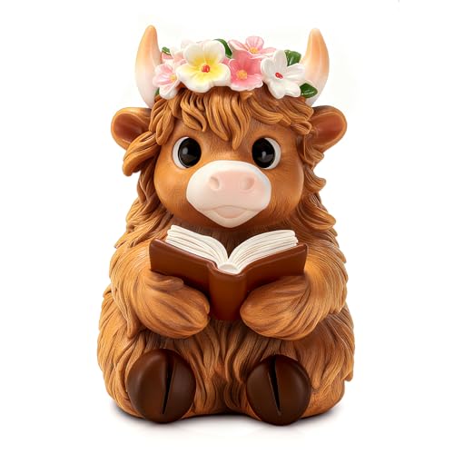 Image of zimiliz Highland Cow Figurine for Book Shelf Decor, Highland Cows Themed Gifts for Women, Resin Figures Home Desk Decorations Accents (Read)