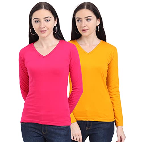 Image of FLEXIMAA Women's Cotton Plain V Neck Full Sleeve T-Shirt