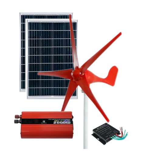 Hybrydowy generator wiatrowo-słoneczny, 3200 W-5-łopatkowy zestaw turbinowy (12 V/24 V/48 V) z 2 modułami solarnymi 100 W i falownikiem 2000 W