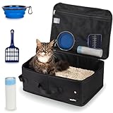 Portable Cat Travel Litter Box with Lid and 10 Pcs Disposable Liner Bags, Leak-Proof & Collapsible, Easy Clean Odor-Control Cat Travel Essentials for Car, Hotel, Airplane, Camping,Trips Black