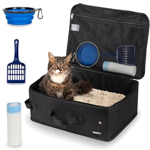 Portable Cat Travel Litter Box with Lid and 10 Pcs Disposable Liner Bags, Leak-Proof & Collapsible, Easy Clean Odor-Control Cat Travel Essentials for Car, Hotel, Airplane, Camping,Trips Black