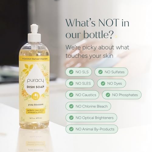Image of Puracy Natural Dish Soap - Skin-Softening Dishwashing Soap, Non-Toxic Dish Soap, Organic Liquid Dishwashing Detergent Soap, Coconut-Derived Cleanser (Yuzu Blossom, 16 fl oz, 3 Pack)