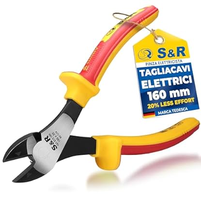 Foto di S&R Tronchese a Taglio Laterale 180 mm Isolata VDE 1000V. Trochesina Elettricista, Pinza Tagliafili Professionale in Acciao HRC 58–65. Taglia filo fino a Ø 3,7 mm. Manici Ergonomici, Rossa e Gialla.