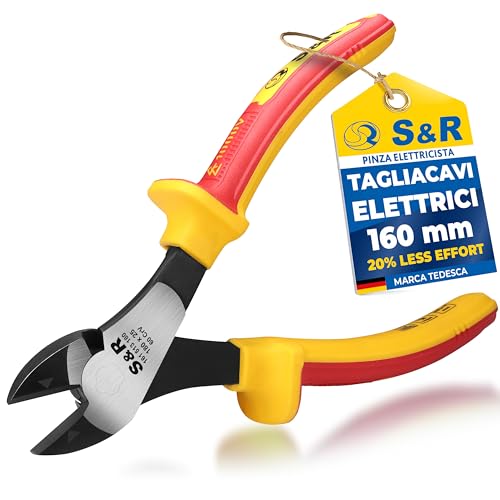 S&R Tronchese a Taglio Laterale 180 mm Isolata VDE 1000V. Trochesina Elettricista, Pinza Tagliafili Professionale in Acciao HRC 58–65. Taglia filo fino a Ø 3,7 mm. Manici Ergonomici, Rossa e Gialla.
