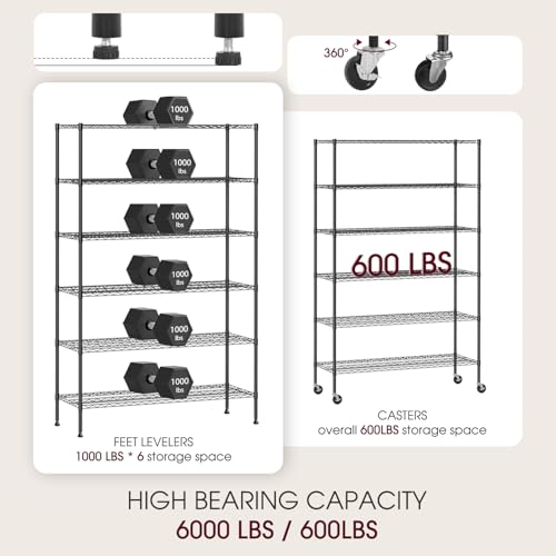 Image of BestOffice | 6-Tier Wire Storage Shelves with Wheels | 48x18x77 | Black | Adjustable Racks | Heavy-Duty Metal Shelf, Holds Upto 600 lbs | No-Tool Assembly | Ideal for Home & Garage Shelving
