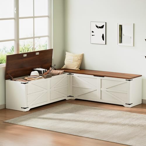 DWVO L-Shaped Storage Bench, 18" High Corner Dining Bench with Safety Hinges, Wooden Nook Chest for Living Room, Bedroom