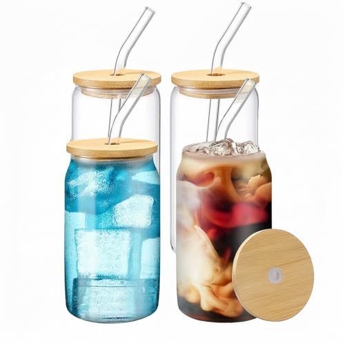 WISIMMALL Drinking Glasses with Bamboo Lids and Glass Straw 4PCS Set, 16oz Glass Cups with Lids and Straws, Beer, Iced Coffee Glasses, Soda, Gift 1 Cleaning Brushes