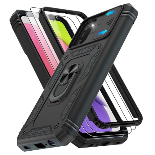 for Samsung Galaxy-A03S-Phone Case with 2PCS Screen Protector, Build in 360° Rotating Ring Kickstand, Military Grade Protective Case for Galaxy AO3S Phone, Black