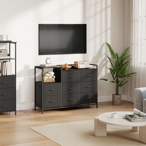 Somdot Kommode Wohnzimmer, Steckdose & LED, 8 Stoffschubladen, Schwarz – Ansicht 2