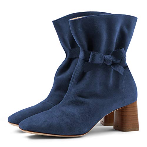 FSJ Women Comfy Bows Medium Chunky Heel Square Toe Fancy Lace Up Office Boots Size 4-15 M US