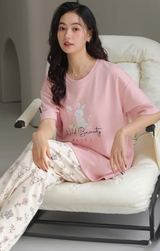 Image of GLASGO Women's Cotton Pajama Set with Top & Pants|| Korean Night Wear|| Loose Fit Home Wear || Lightweight Printed Set || Soft & Comfy Sleepwear for Girls & Women || LNS-4-$