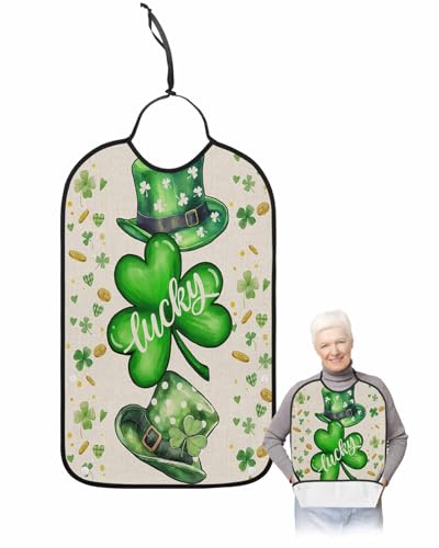 LEOKOTI Green St. Patrick's Day Adult Bibs for Eating, Waterproof Bibs with Food Catcher & Adjustable Snap Closure, Lucky Clovers Love Heart Rustic Washable Clothing Protectors Adult Bibs for Elderly