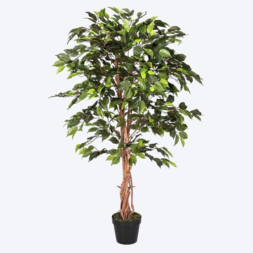 HOMESCAPES 4ft Artificial Ficus Tree – Tall Artificial Plant Indoor with Real Wood Trunk & Lifelike Green Leaves Decorative Faux, Fake Plant with Pot for Home, Office, Living Room