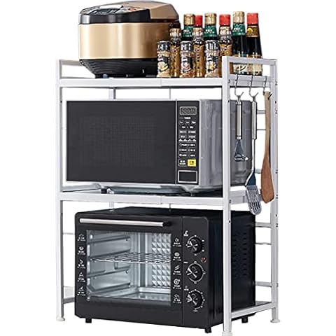 Qulable Extendable Microwave Oven Rack, Heavy Duty Adjustable Microwave/Toaster Shelf tand Kitchen Counter Top Organizer, 3-Tier with 3 Hooks (White) Cover