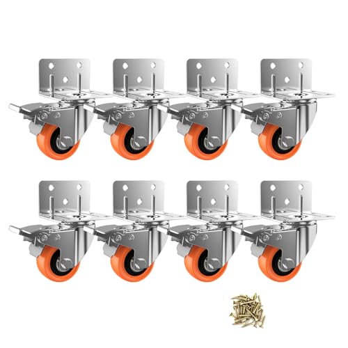 Image of 2inch L-Shaped Caster Wheels, Side Mount Casters Set of 8, Heavy Duty Casters with Brake, Double Bearing Locking Polyurethane(PU) Wheels for Baby Beds /Cabinets /Furniture（8 Pack