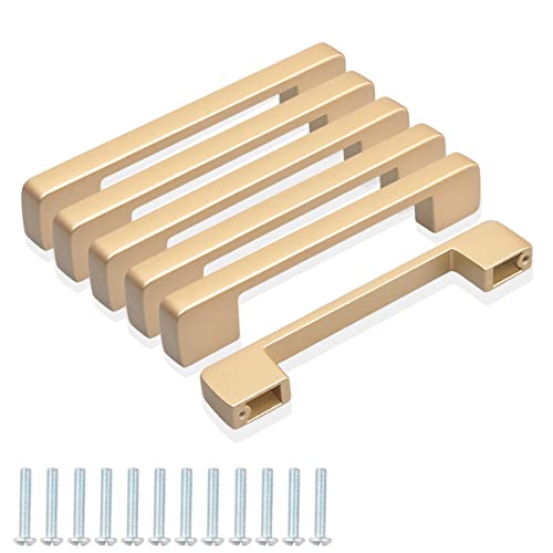 GUWINA Lot de 6 Poignée de Meuble Cuisine Doré 128mm,Moderne Poignee Porte Placard Alliage d'Aluminium Poignée Armoire Chambre Poignée de Tiroir Carrée Inclus Vis Cover