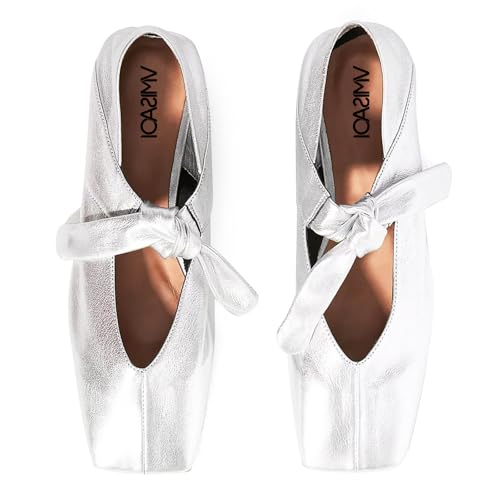 VIMISAOI Square Toe Ballerina Shoes for Women Bow Knots Ballet Flats Mary Jane Flats Slip On Bowtie Strap Flats Silver