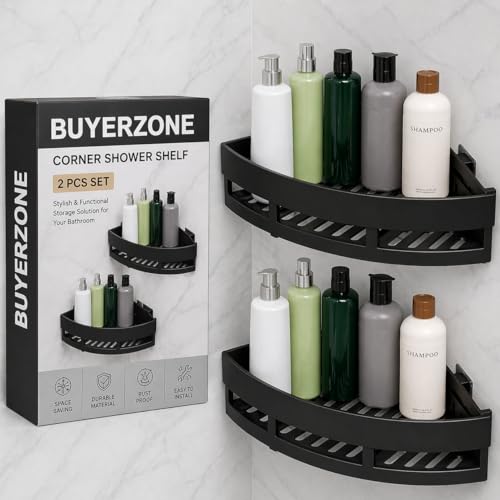 Image of Corner Bathroom Shelf Wall Mounted, Space Saving Storage Rack, Rustproof Organizer Stand for Toiletries Kitchen Accessories, Heavy Duty No Drill Corner Shelf for Bathroom Wall Use (Black, 1 Pack)