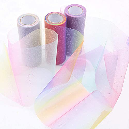 3 Rainbow Glitter Tulle Rolls, 6Inch x 10Yards (30 feet) Sparkling Tulle Spool Tulle Fabric Shimmer Color for Rainbow Party Tulle Skirt Sewing Crafting Fabric Wedding Unicorn Halloween Gift Ribbon