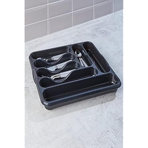 Large Cutlery Tray Organiser - 7 Compartment | Kitchen Drawer Organiser, Silverware Holder Utensil Storage for Spoon Fork Knife | Plastic Cutlery Draw Storage Makeup Storage (MIDNIGHT BLACK/DARK GREY) Cover